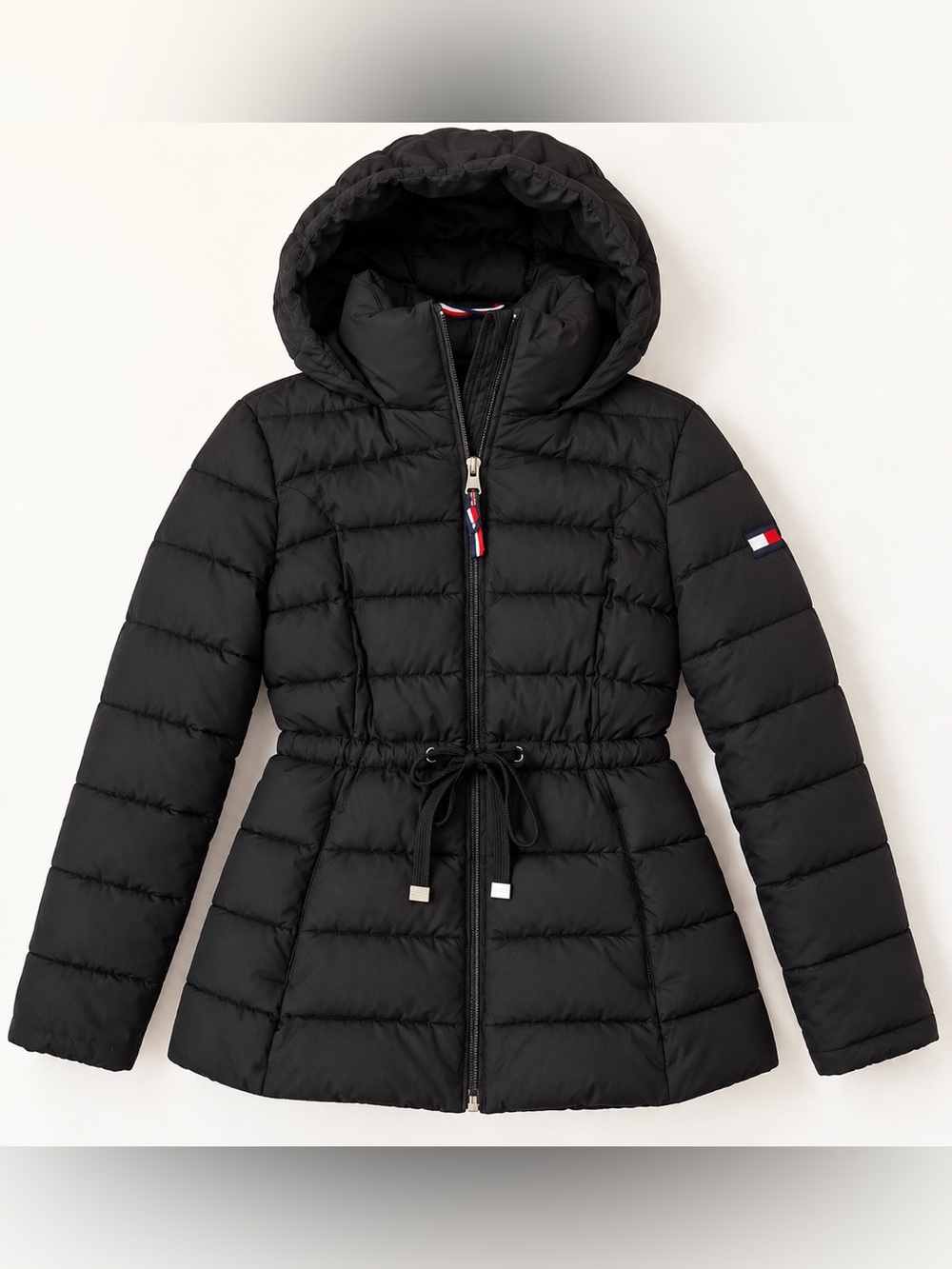 Tommy Hilfiger Black Quilted Drawstring Waist Hooded Puffer medium